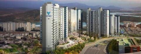 노을 진 산과 강을 배경으로 선 한라비발디 다섯 개 동 투시도 CG