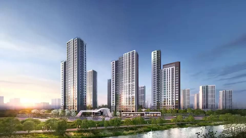푸른 하늘 아래 숲과 맞닿은 해링턴 플레이스 풍무 고층 단지 투시도 CG