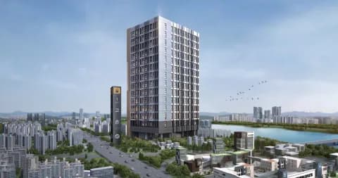 고촌역 사인 기둥 옆에 선 14층 오피스텔 건물과 한강 쪽 시가지 투시도 CG